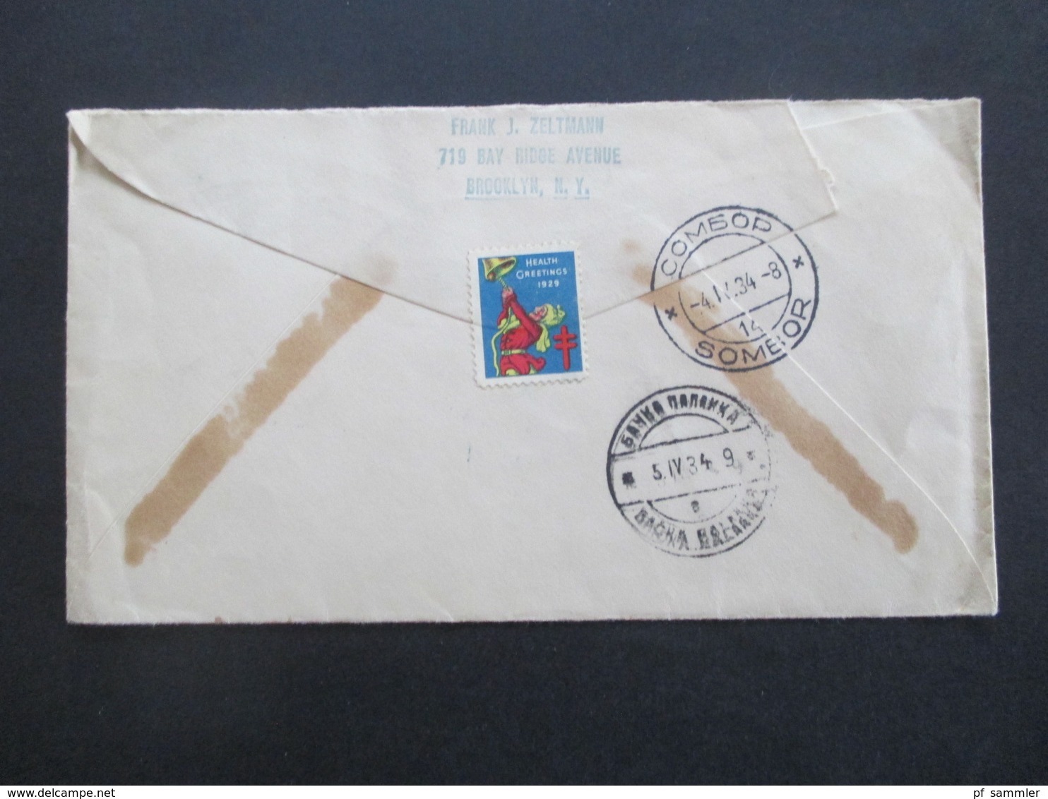 USA 1934 Washington Nr. 337 Eckrandstück Mit Plattennummer Rückseitig Health Greetings 1929 Tuberkulose Nach Jugoslawien - Lettres & Documents