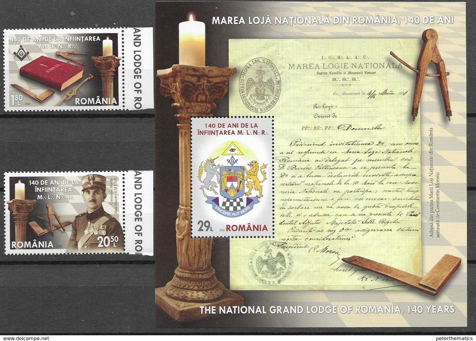 ROMANIA, 2020, MNH, THE GRAND LODGE OF ROMANIA, FREEMASONRY, 2v+S/SHEET - Franc-Maçonnerie