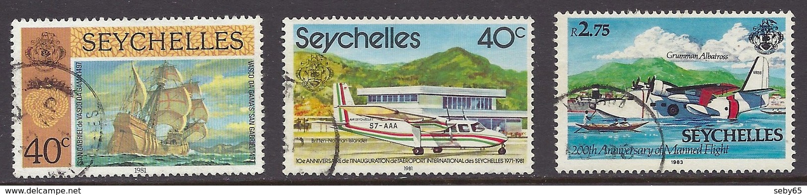 Seychelles - 1981 Ships, Vasco Da Gama, Airport, Airplanes, Manned Flight Grumman Albatross, Bateau - Used - Seychellen (1976-...)
