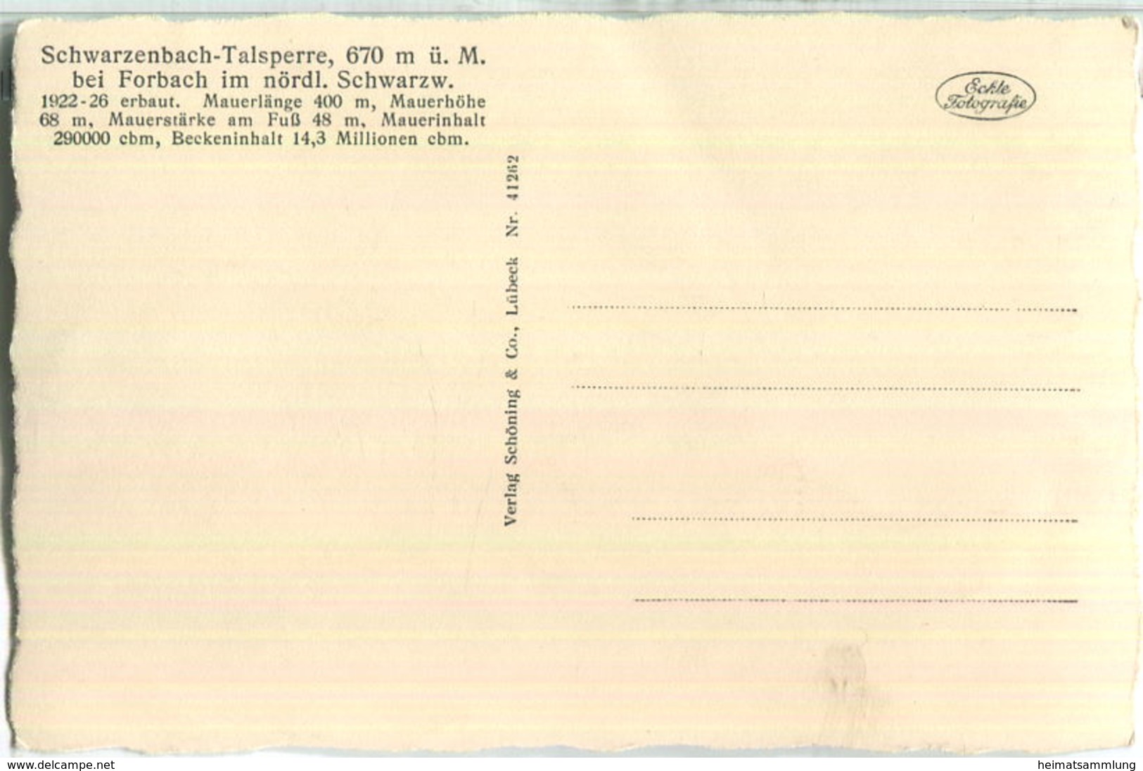 Schwarzenbach Talsperre Bei Forbach - Foto-Ansichtskarte - Verlag Schöning & Co. Lübeck - Forbach