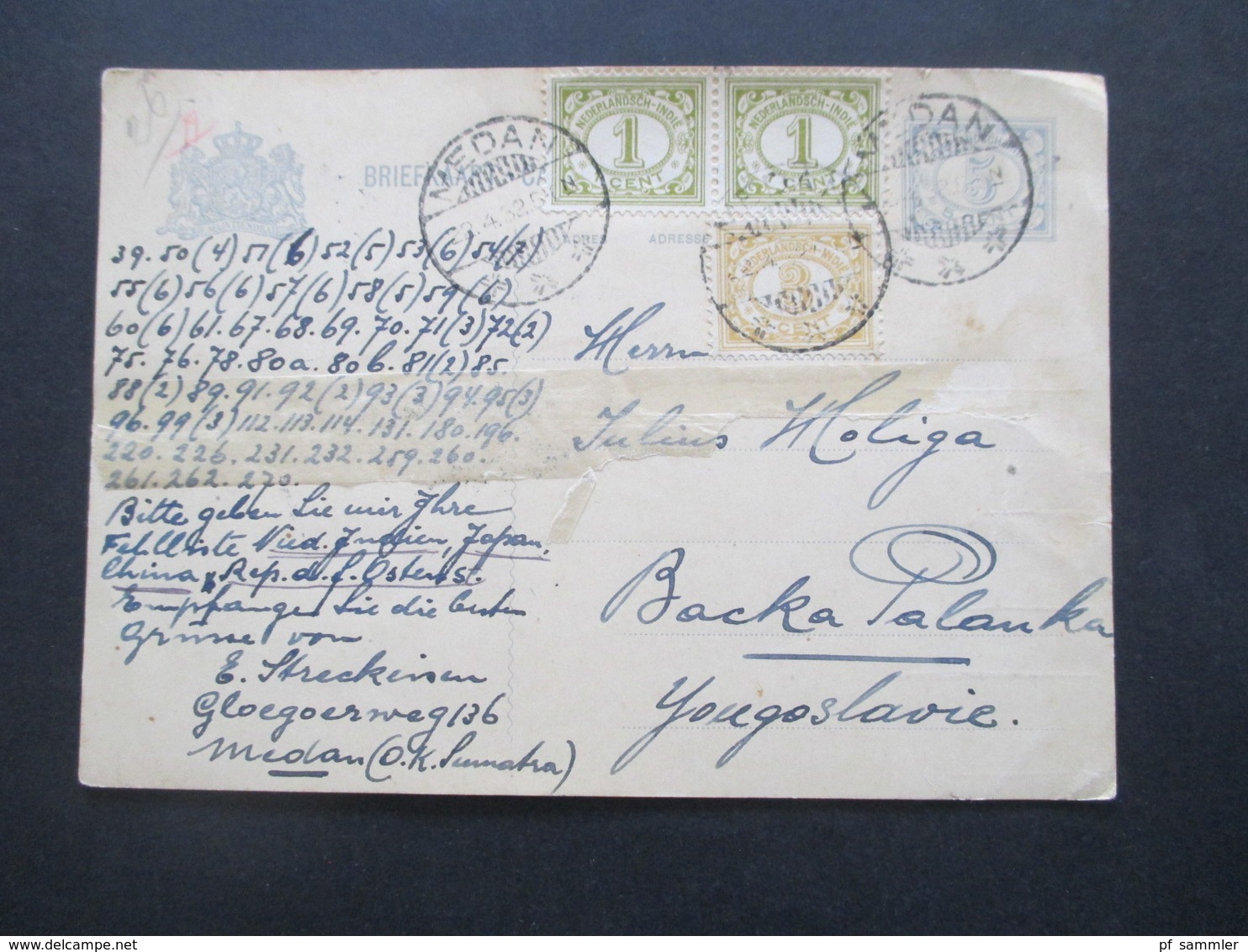 Niederländisch Indien 1932 Briefkaart Ganzsache Mit 3 Zusatzfrankaturen Nach Backa Palanka Jugoslawien Gesendet - Netherlands Indies