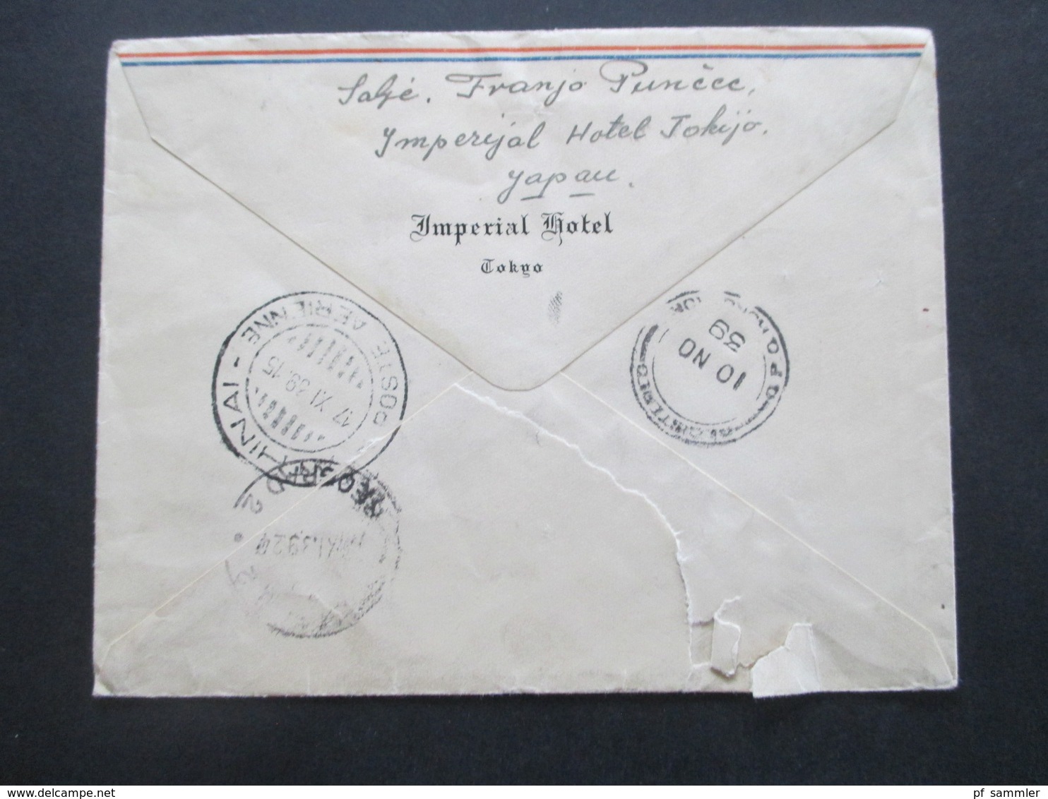 Japan Air Mail Einscheiben Umschlag Imperial Hotel Tokyo Nach Beograd Via Hongkong Und Athinai Poste Aerienne - Storia Postale