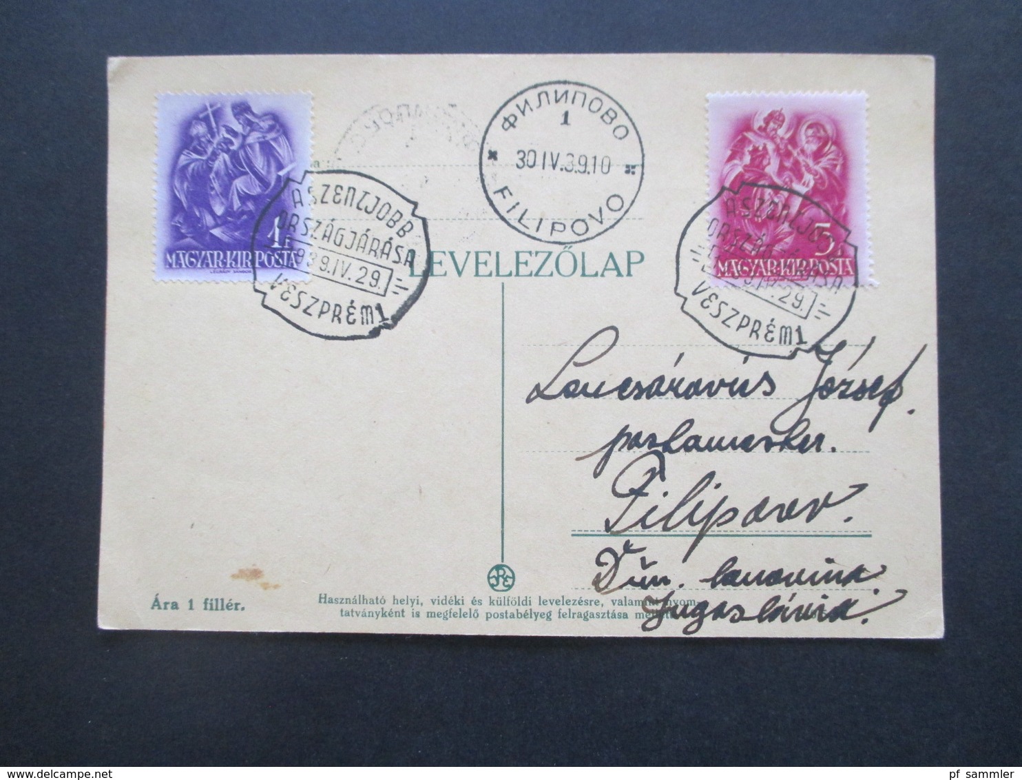 Ungarn 1939 Postkarte 900. Todestag Des Hl. Stephan MiF Nach Filipovo Jugoslawien - Briefe U. Dokumente