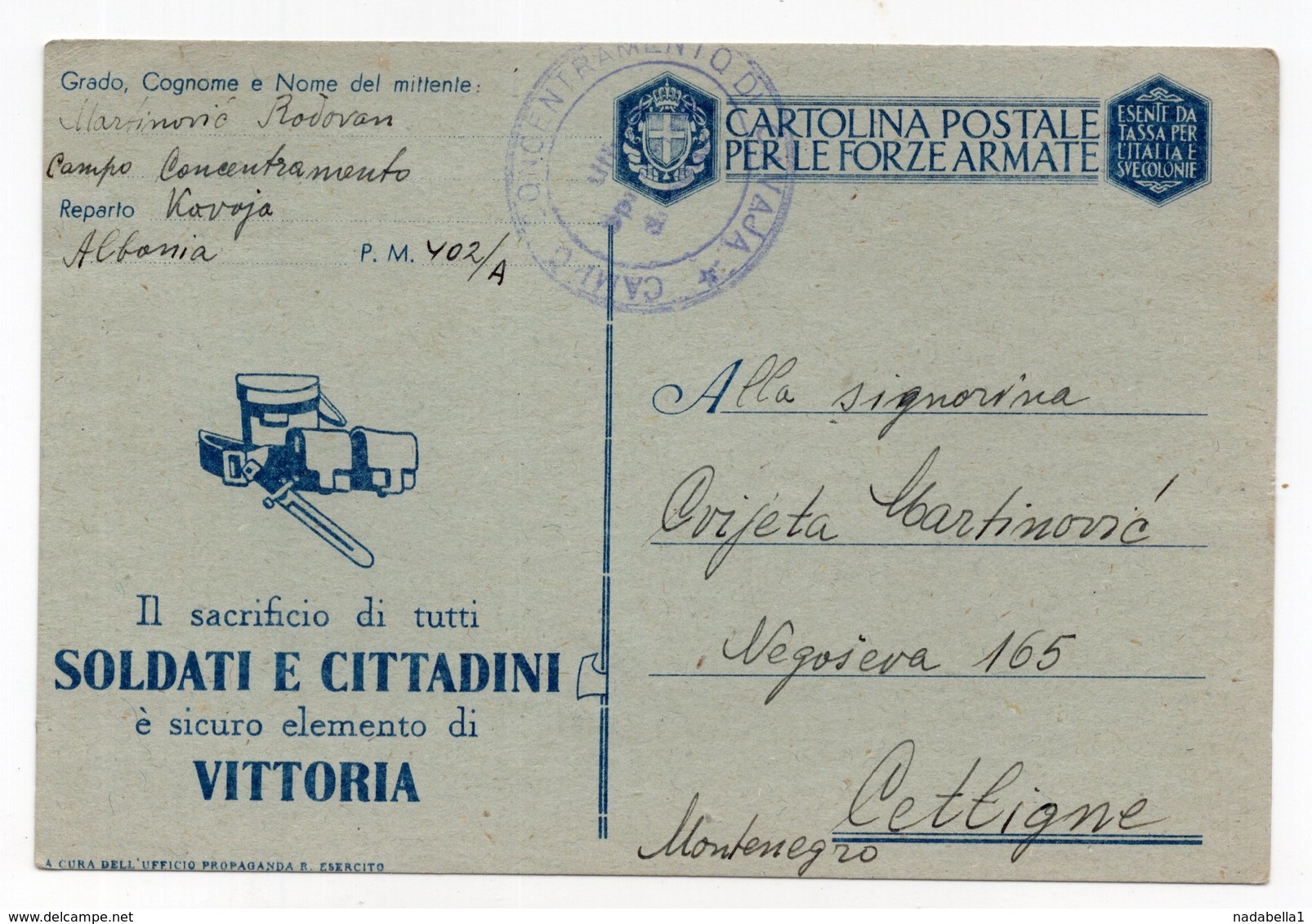 1942?  WWII ITALY,ITALIAN OCCUPATION OF MONTENEGRO AND ALBANIA,KAVAJA TO CETINJE,POW ILLUSTRATED STATIONERY CARD - Stamped Stationery