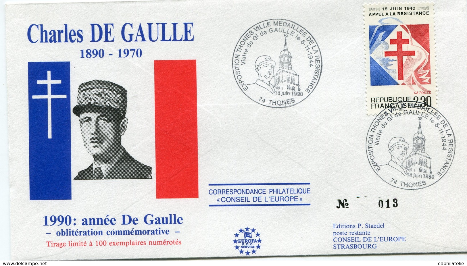 FRANCE ENVELOPPE ILLUSTREE N°013 "CHARLES DE GAULLE 1890-1970  1990  ANNEE DE GAULLE..." AVEC OBL. ILL. THONES 18-06-90 - De Gaulle (General)