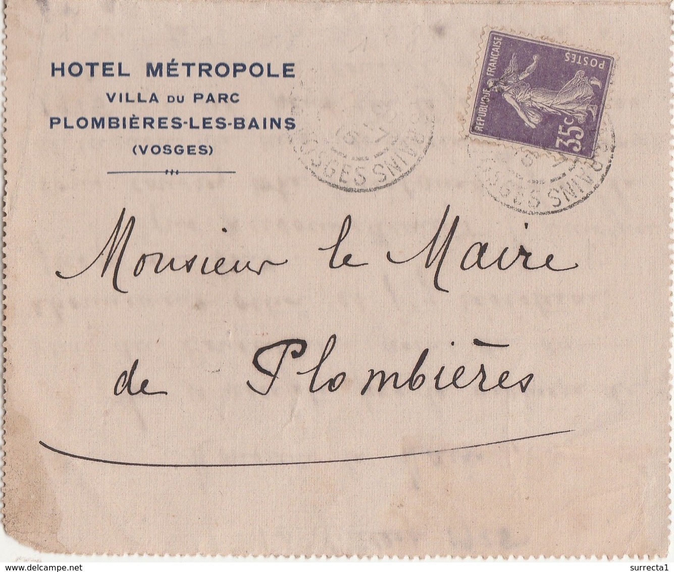 Carte 1915 Hôtel Métropole Plombières 88 Vosges / Pour Mairie /Contestation Tarif Octroi Et Prix Eau / Blangy Val D'Ajol - Otros & Sin Clasificación