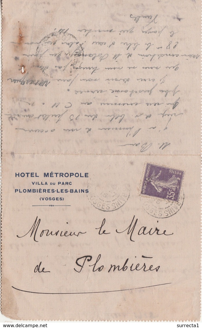 Carte 1915 Hôtel Métropole Plombières 88 Vosges / Pour Mairie /Contestation Tarif Octroi Et Prix Eau / Blangy Val D'Ajol - Otros & Sin Clasificación