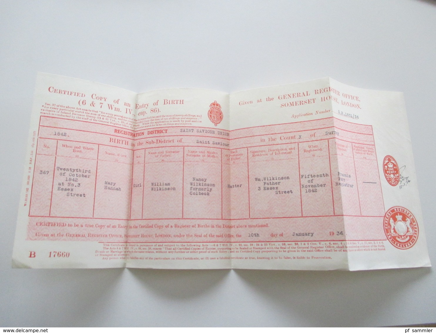 England GB 1936 Dokument Certified Copy Of An Entry Of Birth General Register Office Somerset House London - Briefe U. Dokumente