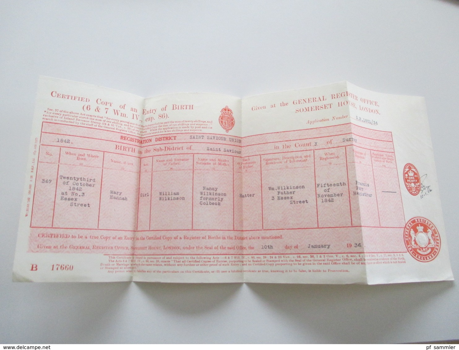 England GB 1936 Dokument Certified Copy Of An Entry Of Birth General Register Office Somerset House London - Brieven En Documenten
