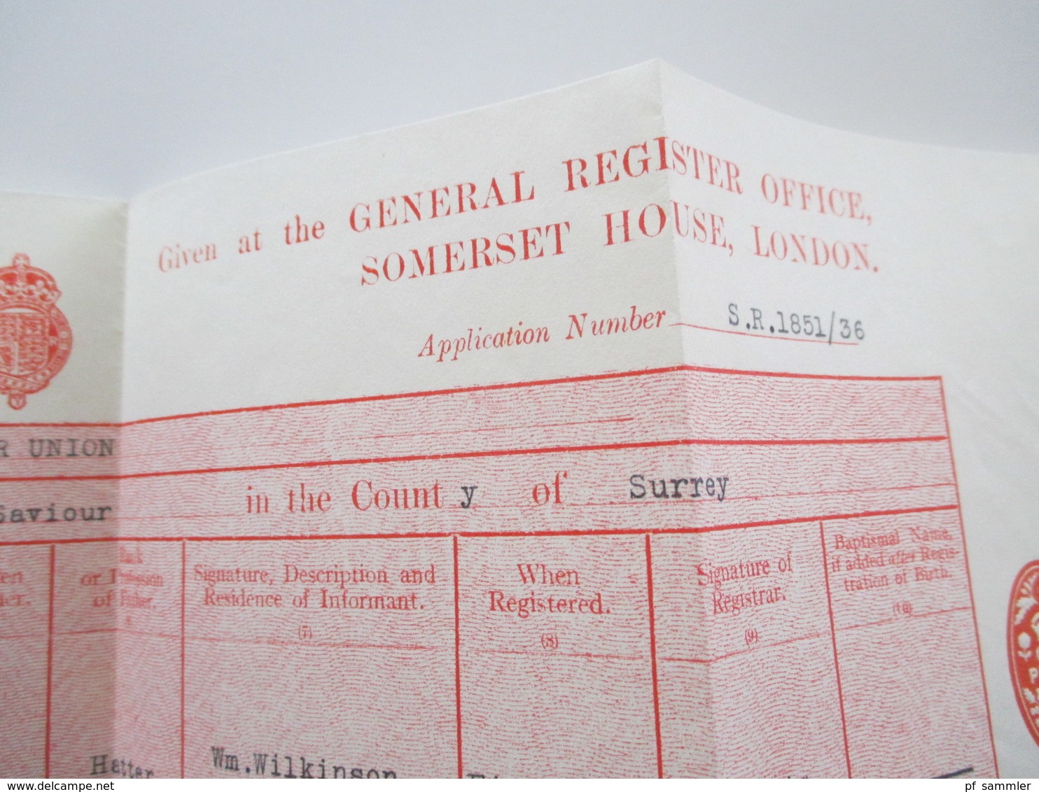 England GB 1936 Dokument Certified Copy Of An Entry Of Birth General Register Office Somerset House London - Covers & Documents