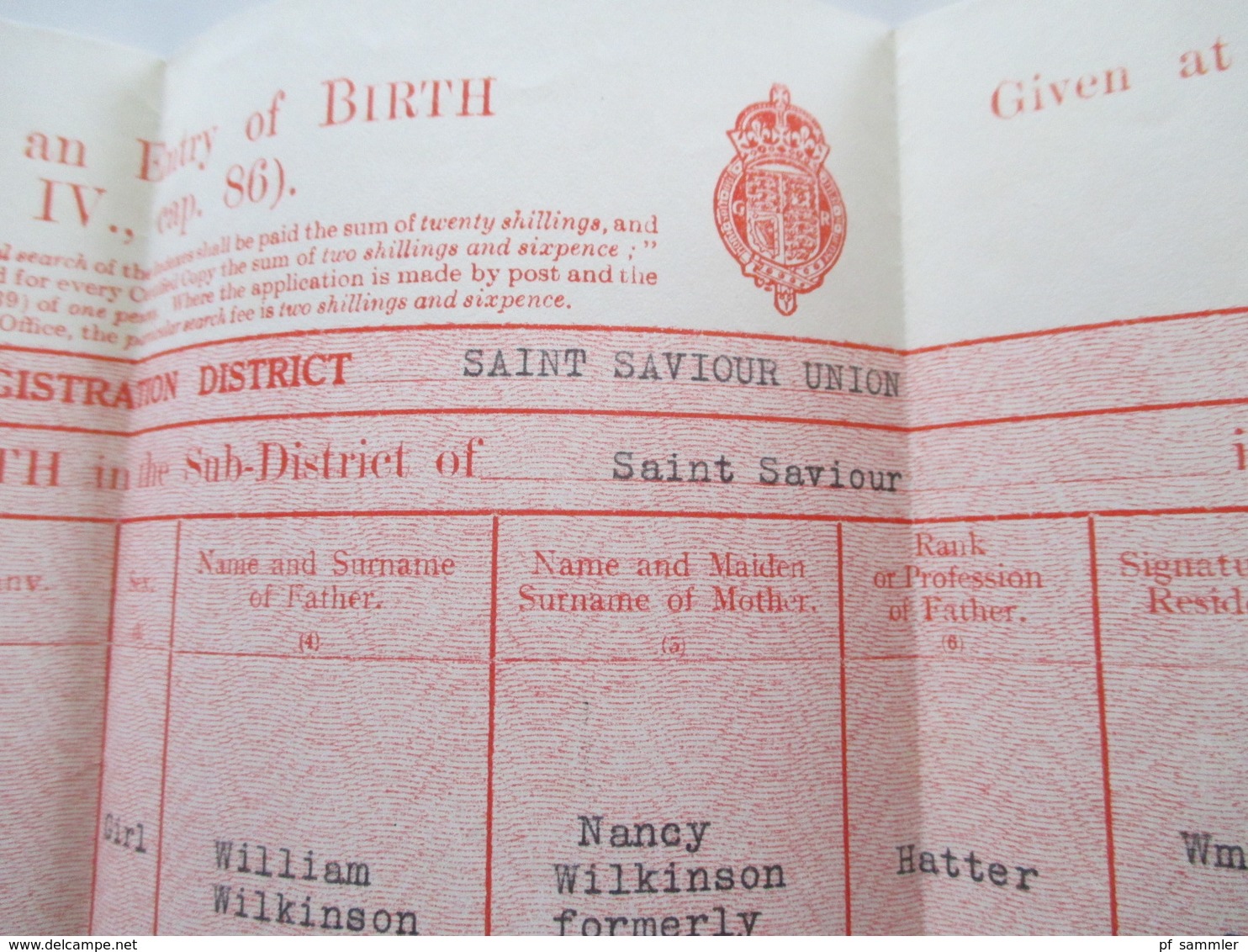 England GB 1936 Dokument Certified Copy of an Entry of Birth General Register Office Somerset House London