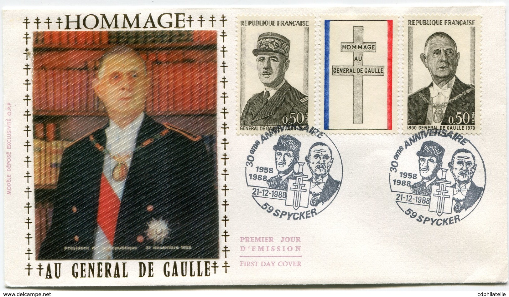 FRANCE ENVELOPPE ILLUSTREE "HOMMAGE AU GENERAL DE GAULLE" AVEC OBLITERATION ILLUSTREE SPYCKER 21-12-88 - De Gaulle (General)