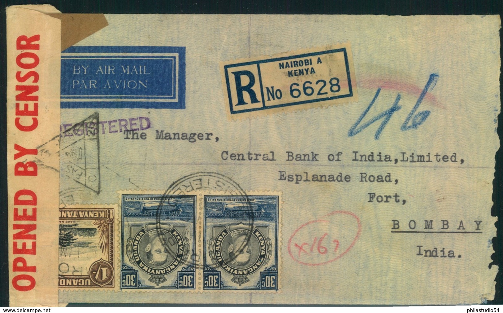 1942, Registered Letter From NAIROBI With Censor Strip And Mark To Bombay - Kenya, Oeganda & Tanganyika