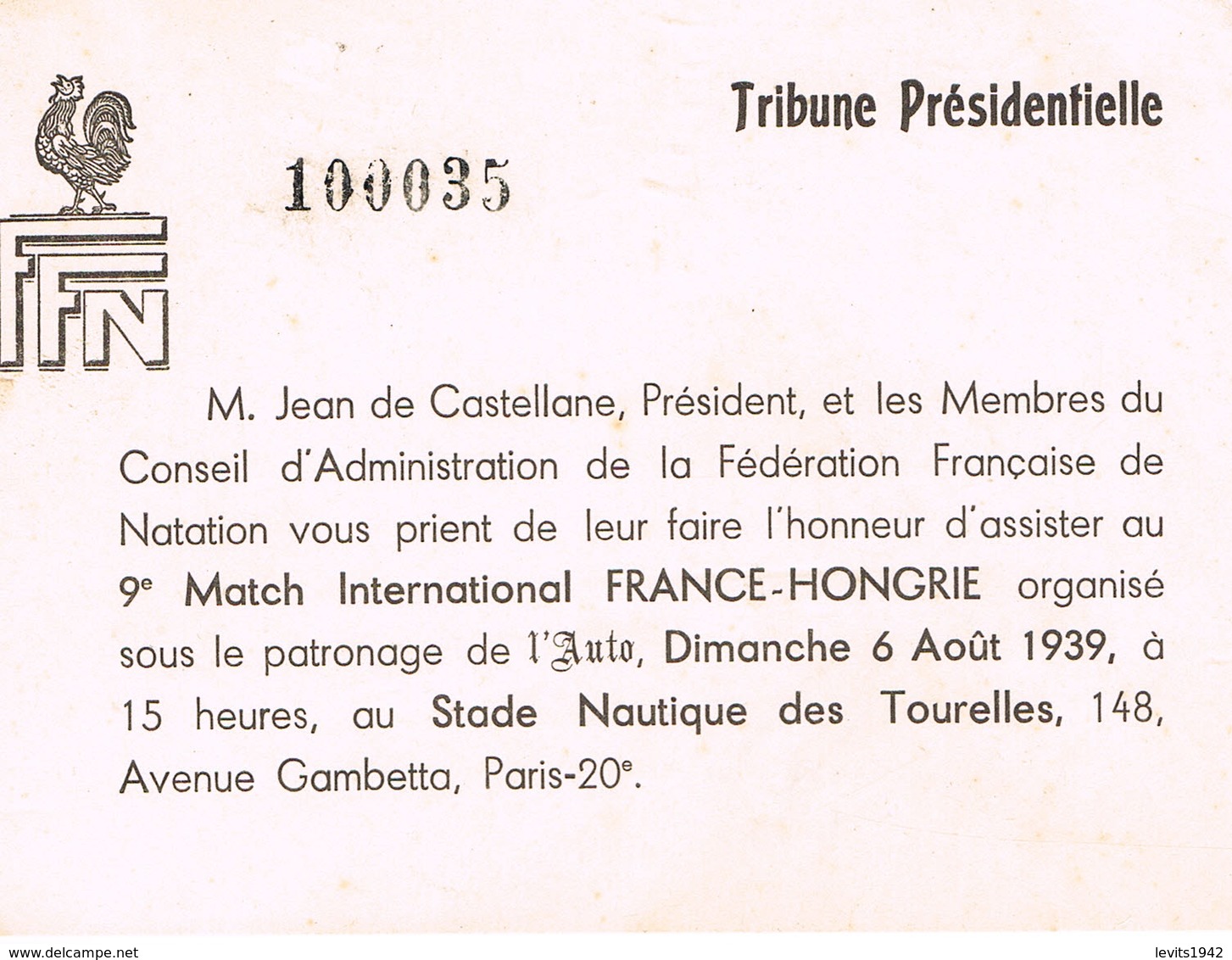 NATATION -  INVITATION - MATCH FRANCE - HONGRIE WATER POLO - 1939 - - Natation