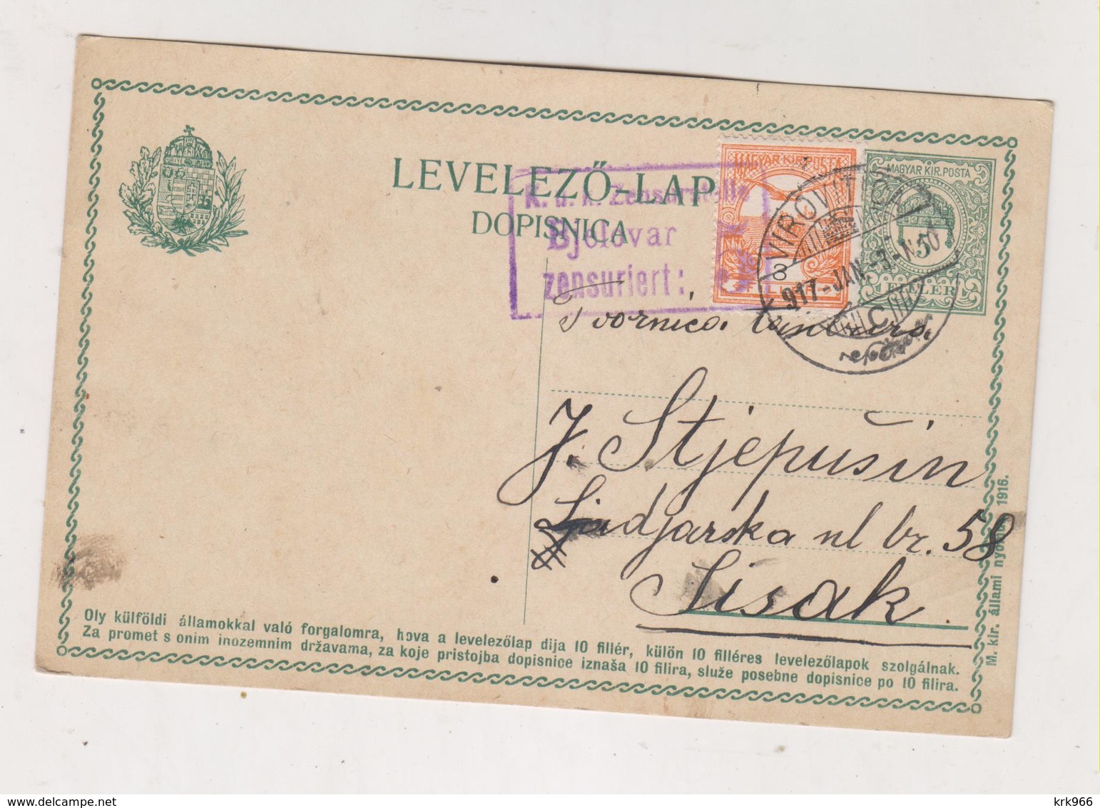 CROATIA HUNGARY VIROVITICA 1917 Censored Postal Stationery - Croazia