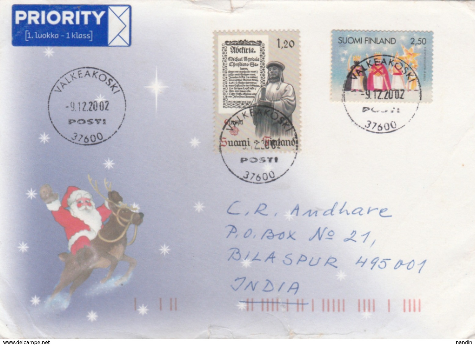 2002 AIRMAIL  FROM FINLAND TO BILASHPUR FRANKED WITH STAMPS ON EUROPA(1992), CHRISTMAS STAMP 2000 /SLIGHT TEAR - Lettres & Documents