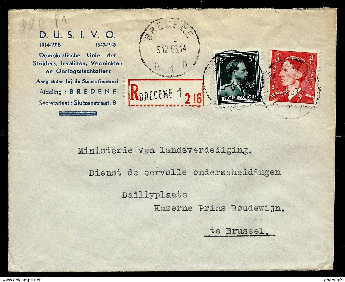 Doc. De BREDENE - A 1 A - Du 05/12/53 En Rec. - Rural Post