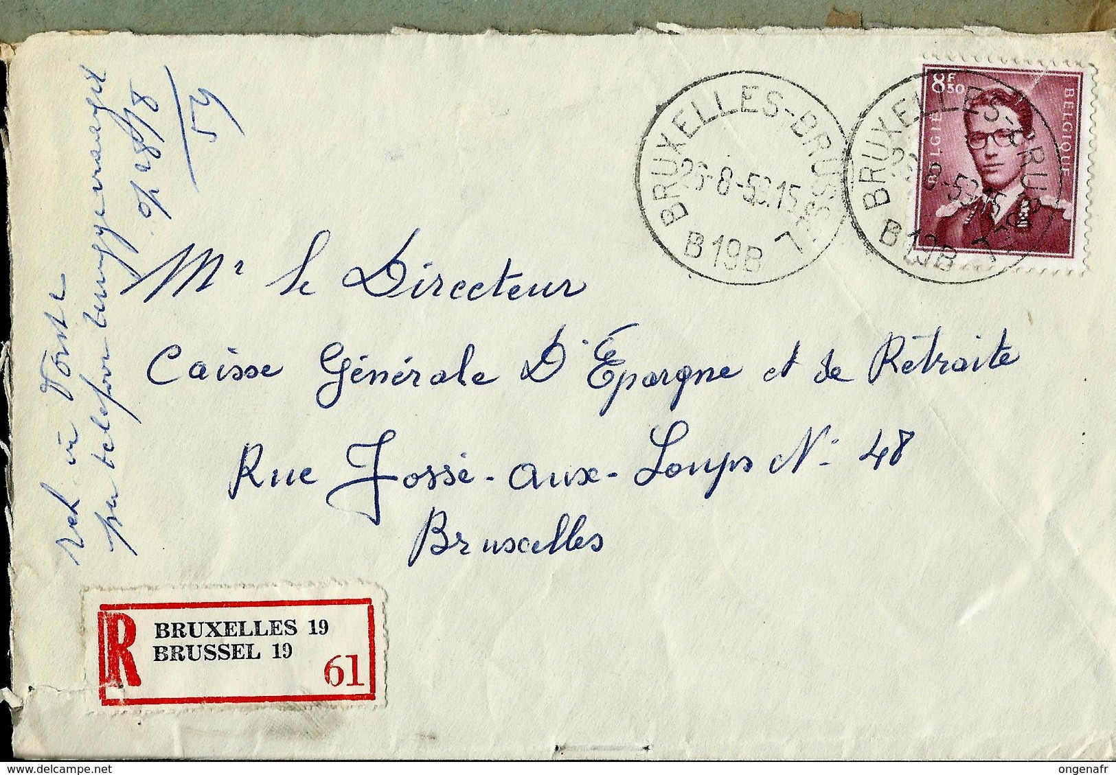 Doc. De BRUXELLES - BRUSSEL - B 19 B -  Du 23/08/53 En Rec. Avec N° 1072 Lunettes 8,50 Frs - Poste Rurale