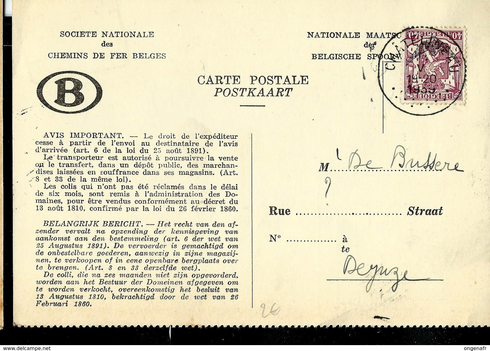 Doc. Des Chemins De Fer  (D.C. 1646)  Avec N° S22  Obl.: CHÂTELINEAU 1939 - Rural Post