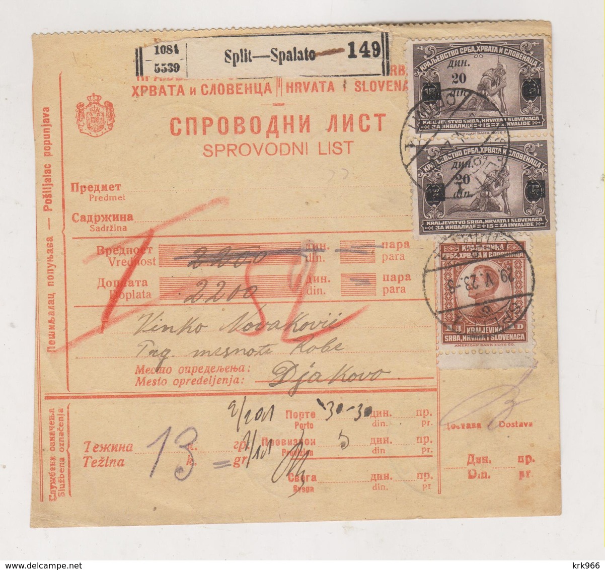 YUGOSLAVIA,SPLIT 1923 Parcel Card - Briefe U. Dokumente