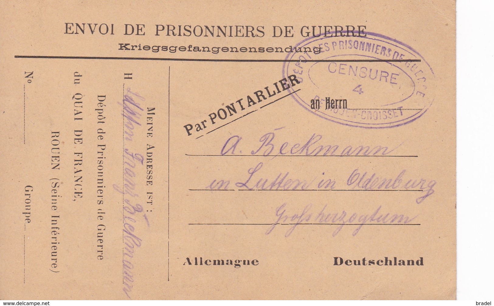 Rouen Quai De France Carte De Franchise Militaire Dépôt Prisonnier De Guerre . Censure De Rouen Croisset 1918 - Lettres & Documents