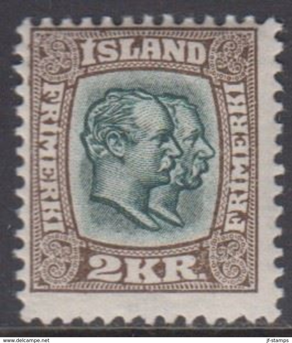 1907. Two Kings. 2 Kr. Bown/green. Perf. 12 3/4, Wm. Crown. Only 30.000 Issued. (Michel 61) - JF361902 - Unused Stamps