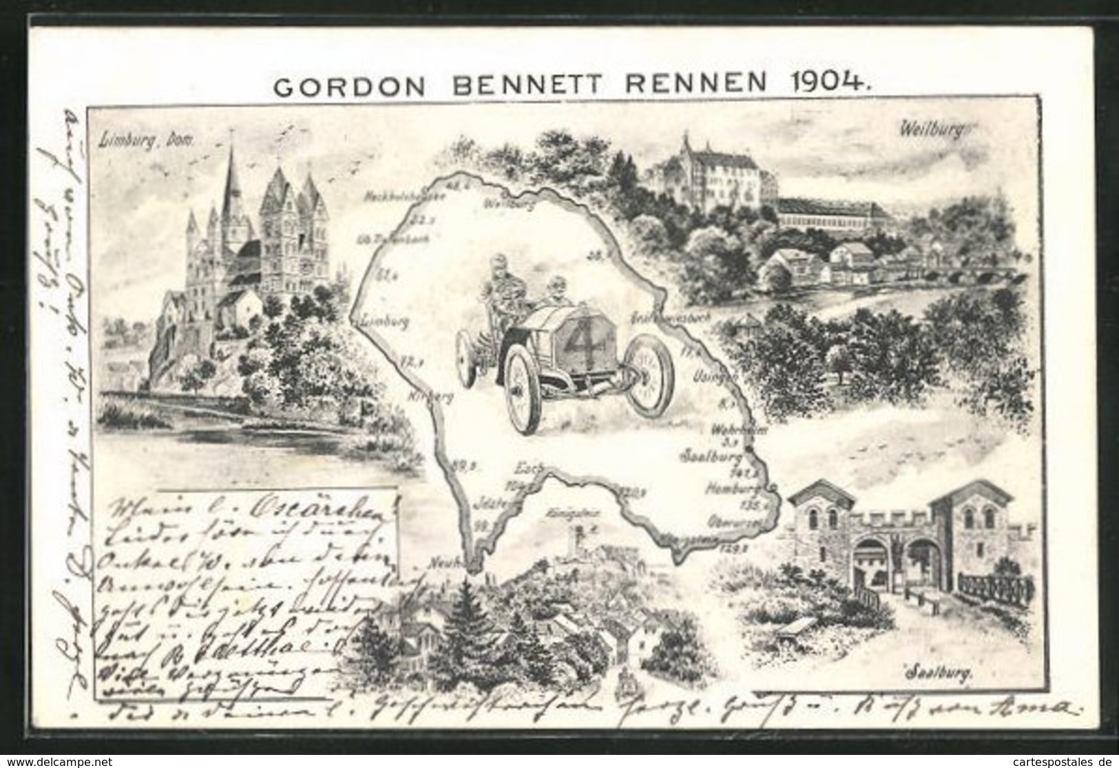 Künstler-AK Limburg, Gordon Bennett Rennen 1904, Rennstrecke, Dom, Saalburg - Autres & Non Classés