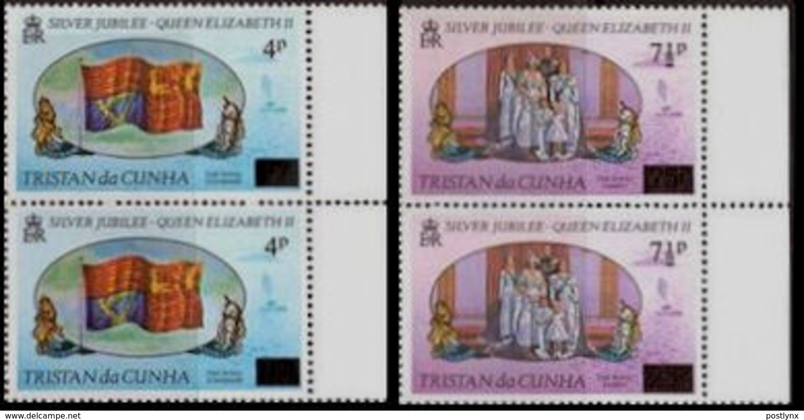 TRISTAN DA CUNHA 1978 Silver Jubilee The Royal Standard Flag Volcano Ship OVPT.MARG.PAIRS:2 Lion Unicorn - Volcanos