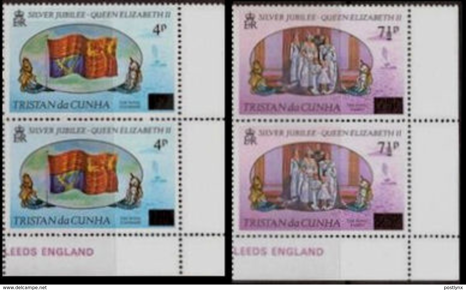 TRISTAN DA CUNHA 1978 Silver Jubilee The Royal Standard Flag Volcano Ship OVPT.CORNER.PAIRS:2 Lion Unicorn - Volcanos