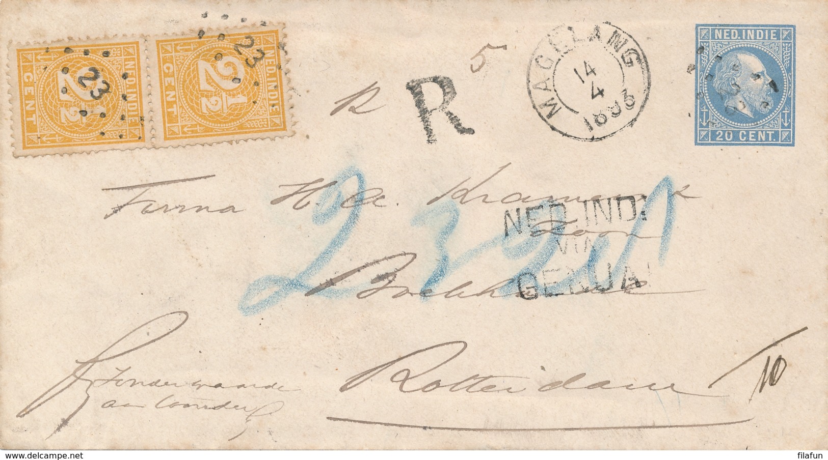 Nederlands Indië - 1893 - 20 Cent Willem III, Envelop G12 + 2x 2,5c R-cover Van KR & Punt MAGELANG - Via Genua Naar NL - Nederlands-Indië