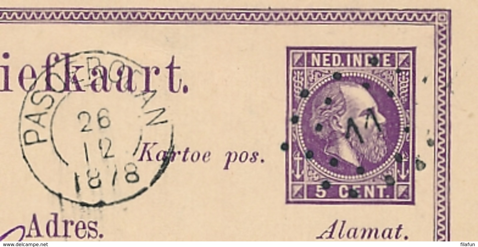 Nederlands Indië - 1878 - 5 Cent Willem III, Briefkaart G1 Van KR- & Puntstempel PASOEROEAN Naar Soerabaja - Indes Néerlandaises