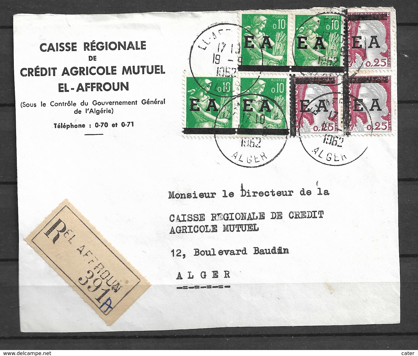 Surcharge E A Devant De Lettre Recommandé El Affroun Alger 1962 - Algerien (1962-...)