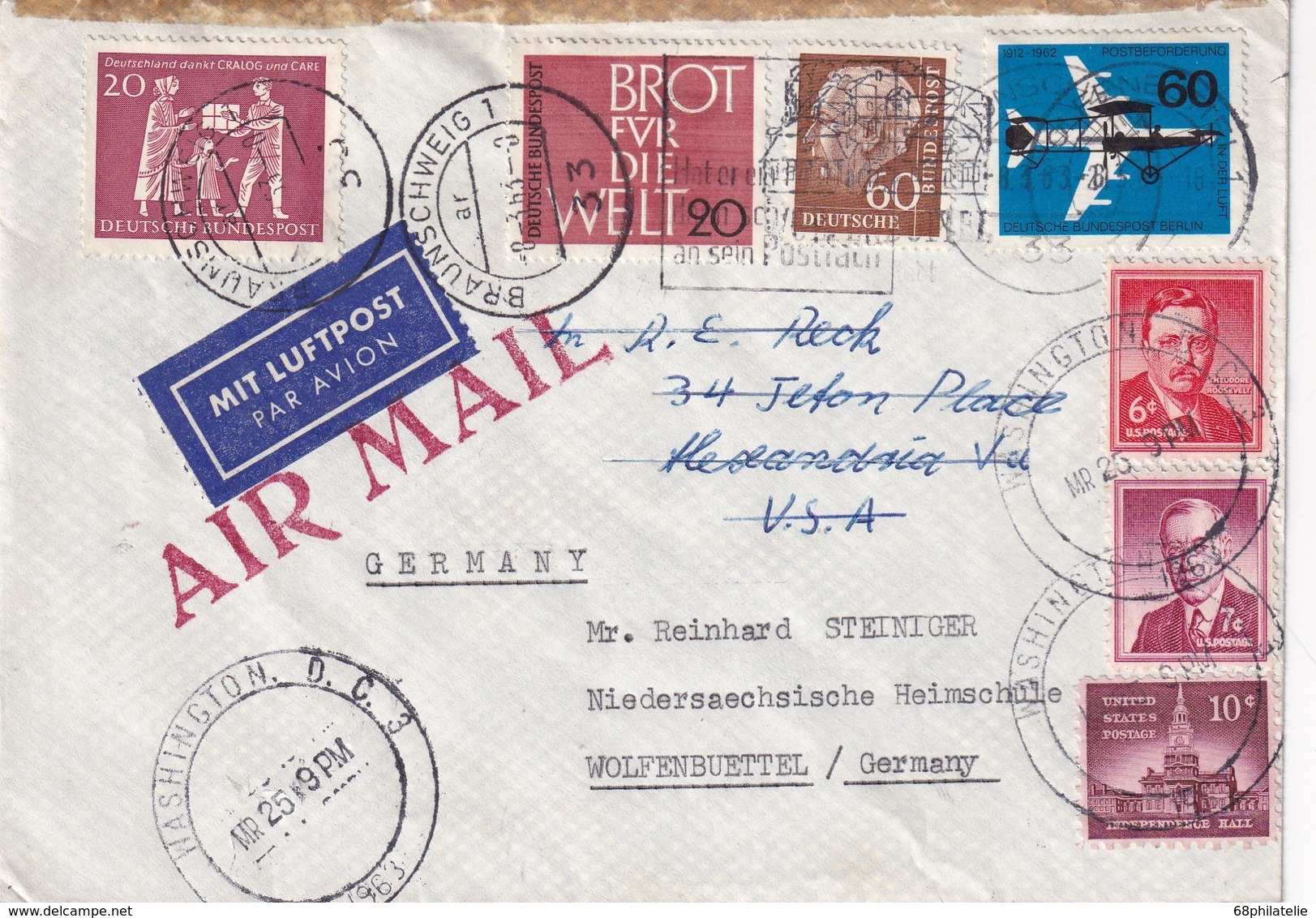 BUND 1963 LETTRE DE BRAUNSCHWEIG POUR LES USA ET RETOUR A L'EXPEDITEUR - Briefe U. Dokumente