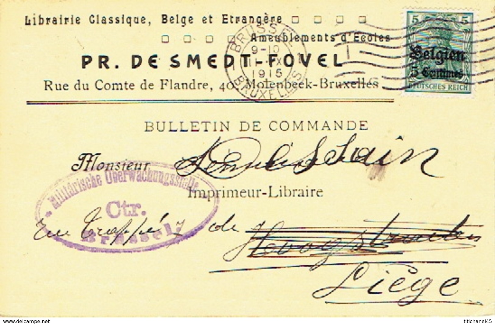 CP/PK Publicitaire MOLENBEEK 1915 -Pr. DE SMEDT-FOVEL -Librairie Classique, Belge Et étrangère -Germania Censure BRUSSEL - Molenbeek-St-Jean - St-Jans-Molenbeek