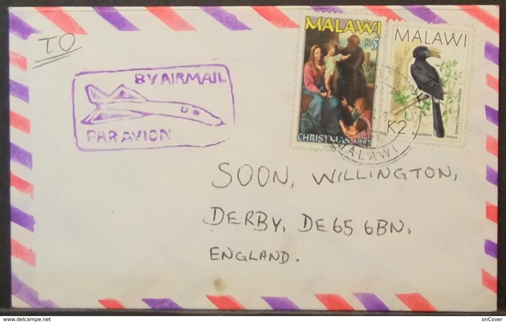 Malawi - Cover To England 1998 Christmas Madonna With Child Bird - Malawi (1964-...)