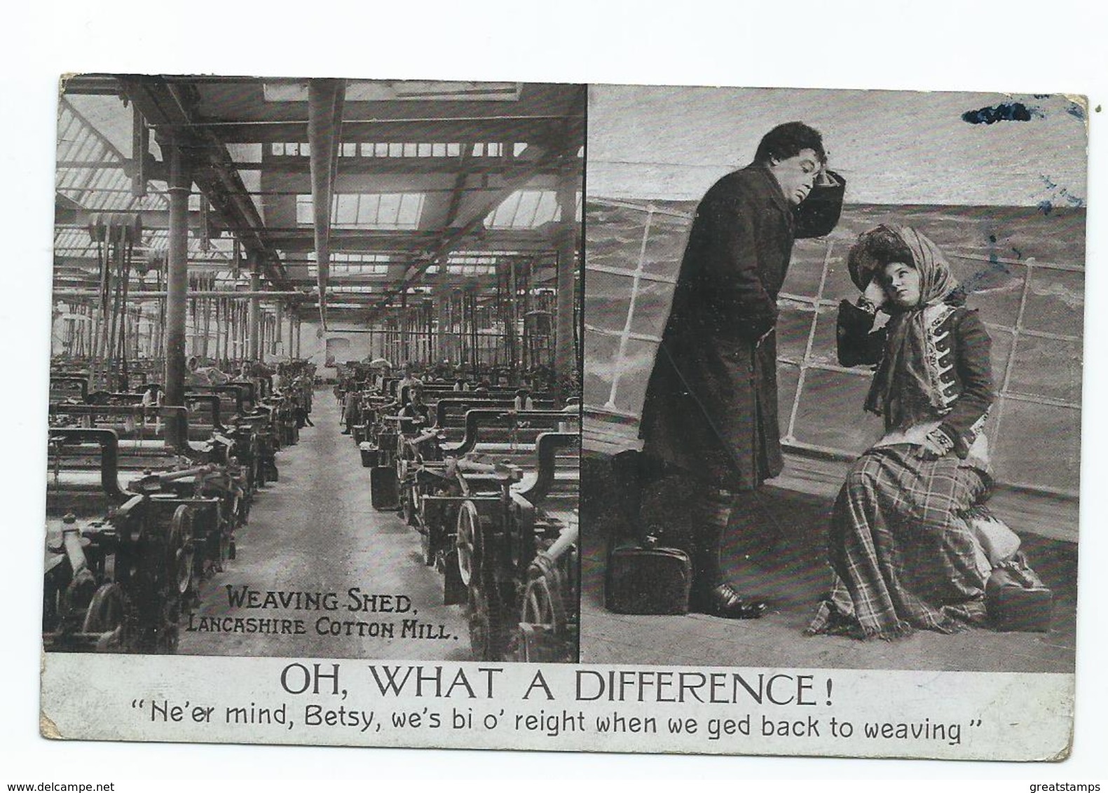Postcard Weaving Shed Lancashire Cotton Mills Humour Postcard Oh What A Difference Posted1910 - Industrial