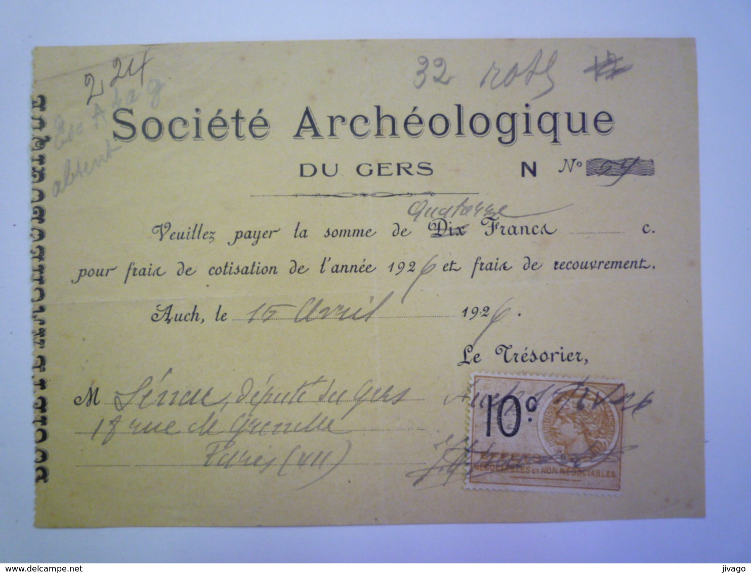 2020 - 5734  Société Archéologique Du Gers  :  Cotisation De Jean SENAC Député Du GERS  Pour L'année 1926   XXX - Non Classés