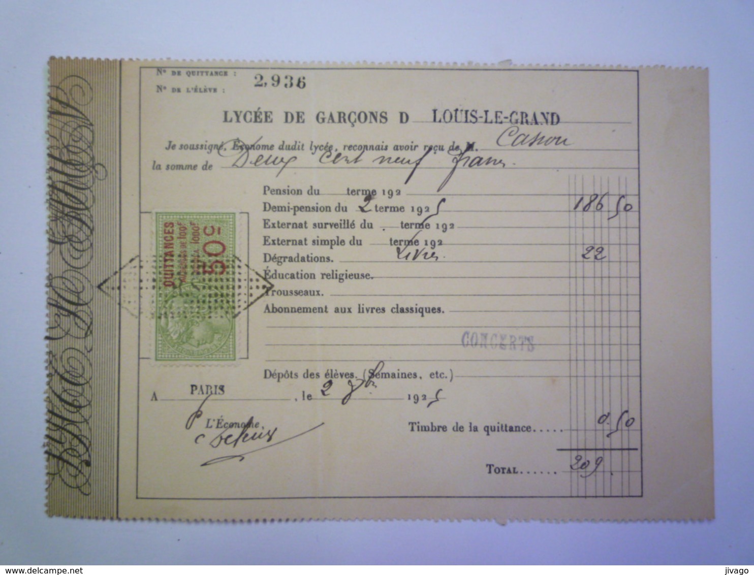 2020 - 5735  LYCEE LOUIS-LE-GRAND  :  Reçu De Demi-pension  1925   XXX - Non Classés