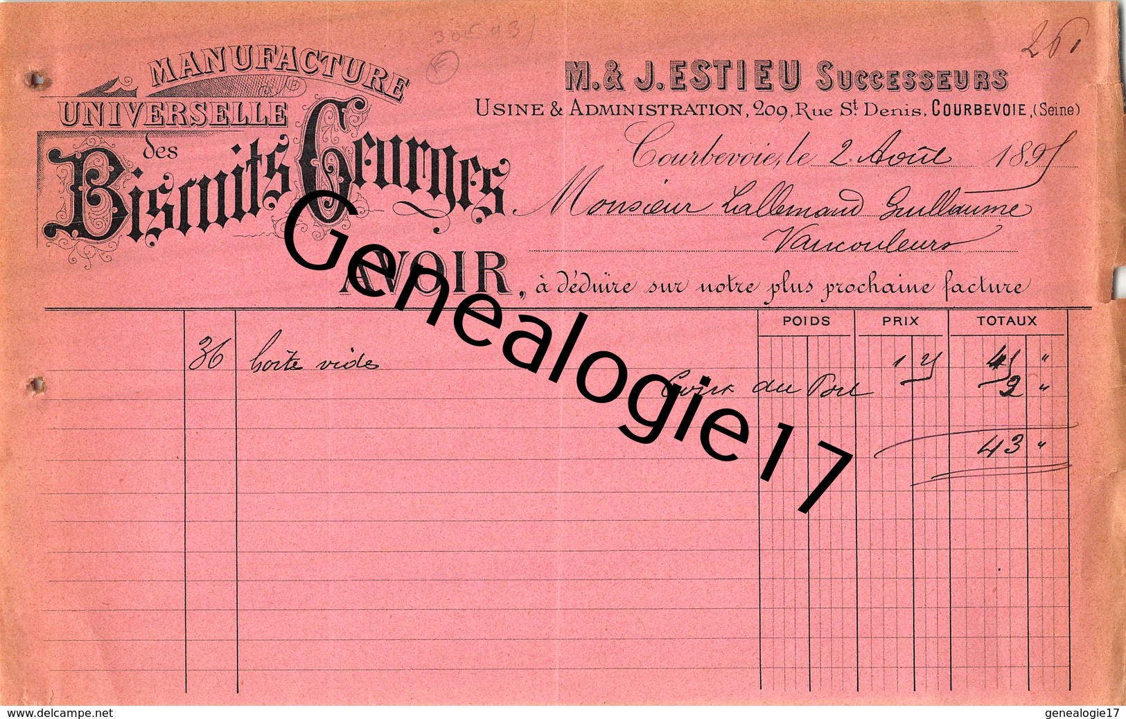 92 2510 COURBEVOIE SEINE 1897 Manufacture Universelle De BISCUITS GRURGES Biscuiterie M. J. ESTIEU Rue Saint Denis A LAL - 1800 – 1899