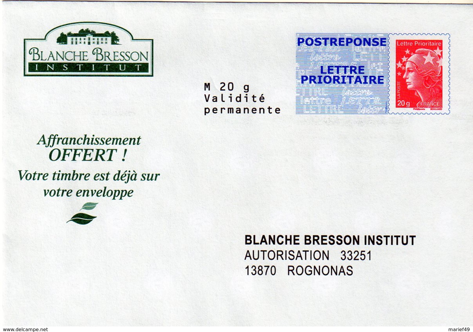 ENTIERS POSTAUX, POSTREPONSE BLANCHE BRESSON INSTITUT 12P135 - Prêts-à-poster: Réponse /Beaujard