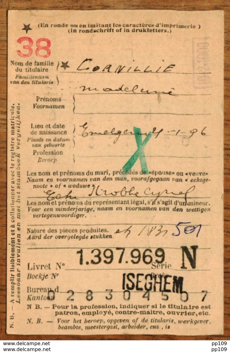 Fiche Mod.40   LIVRET D'EPARGNE CGER ASLK  Obl  ISEGHEM 1938 +  Griffe Linéaire - Griffes Linéaires