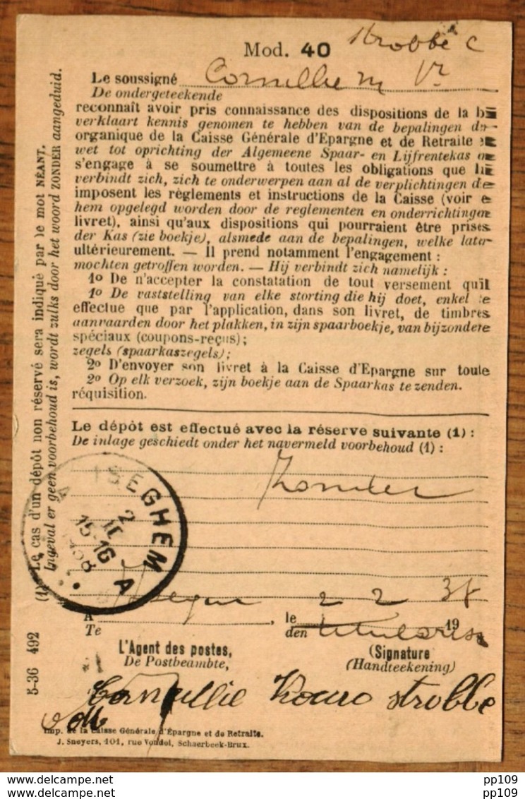 Fiche Mod.40   LIVRET D'EPARGNE CGER ASLK  Obl  ISEGHEM 1938 +  Griffe Linéaire - Griffes Linéaires