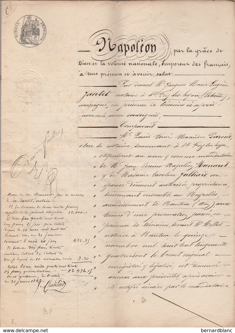 VP 8 FEUILLES - 1854 - OBLIGATION - NANTUA - OULLINS - ST FOY LES LYON - NEYROLLES - GEX - OULLIN - COLLONGES - Manuscripts
