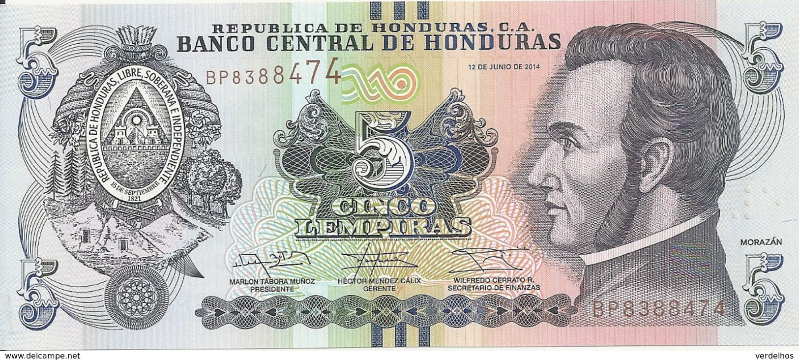 HONDURAS 5 LEMPIRAS 2014 UNC P 98 B - Honduras