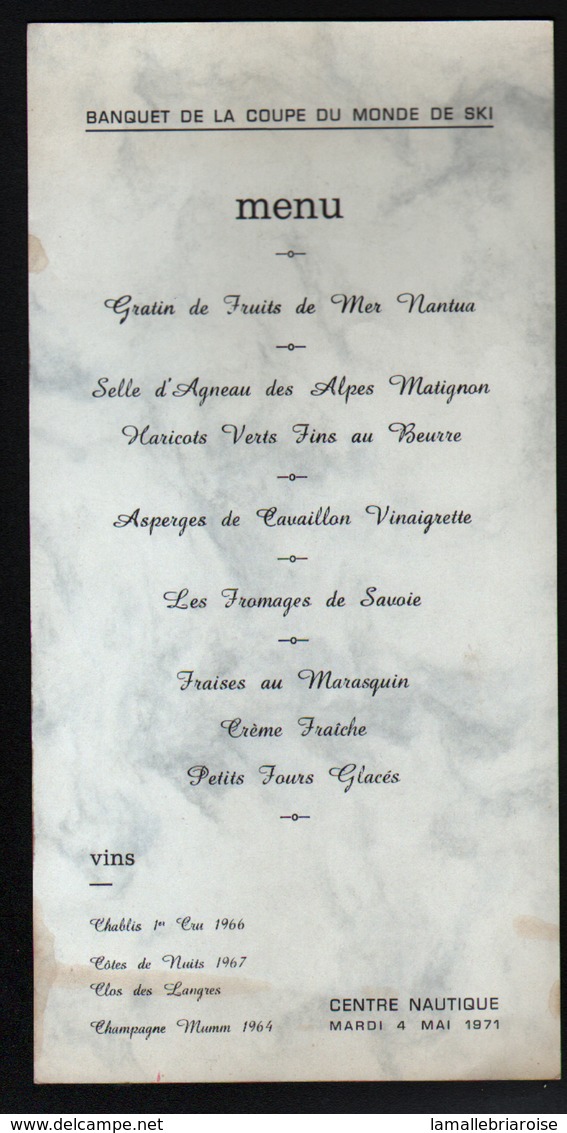 Menu , Banquet De La Coupe Du Monde De Ski, Centre Nautique 4 Mai 1971 - Menu