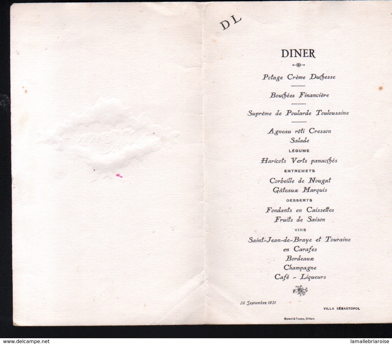 Menu , Orleans, Villa Sebastopol, 26 Septembre 1931 - Menus