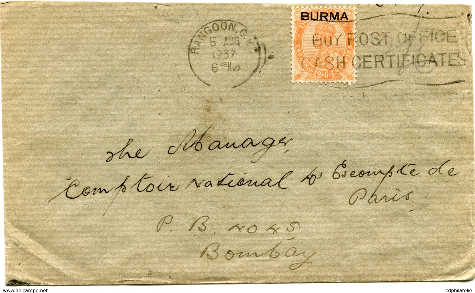 BIRMANIE LETTRE DEPART RANGOON 5 AUG 1937 POUR L'INDE - Burma (...-1947)