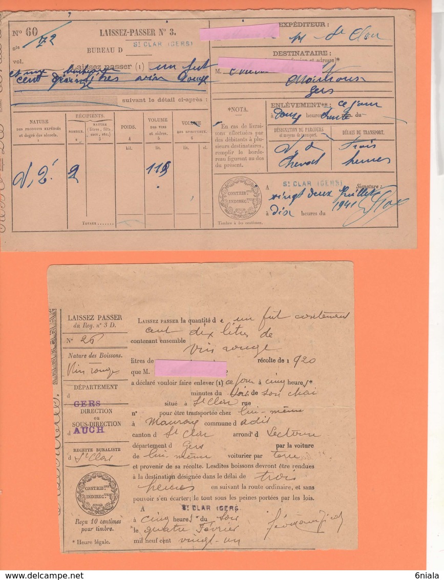 543   LAISSER PASSER  VIN  ROUGE 2 DOCUMENTS GERS  ST CLAR 32 1921   Et 1941  TAXE - Sonstige & Ohne Zuordnung