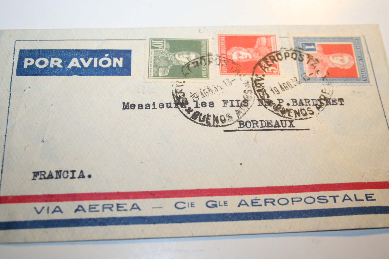 AVIATION  Enveloppe Argentine/ Bordeaux France 1933   Via Cie Générale Aéropostale - Aerei