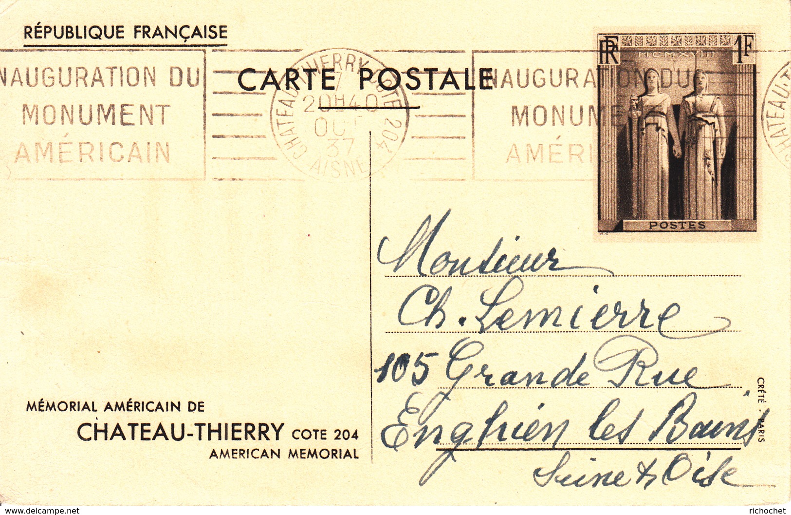France Entier Postal N° 11 ° Inauguration Du Monument Américain De Château Thierry 7 Oct 1937 Vers Enghien - Cartes Postales Types Et TSC (avant 1995)